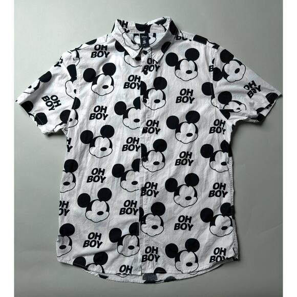 Disney Mickey Mouse Shirt Mens Large White Black Oh Boy Neff Button Up Cartoon - Picture 9 of 15